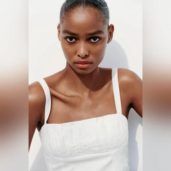 Zara White Cotton Voluminous Milkmaid Summer Pleated Sleeveless Mini Dress - Picture 2 of 7